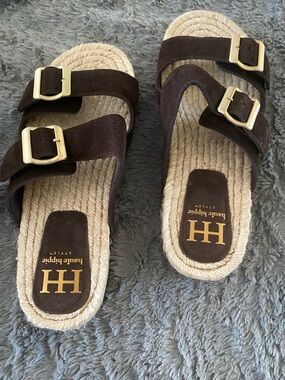 Haute Hippie Dark Brown Suede Double-Buckle Espadrille Slides